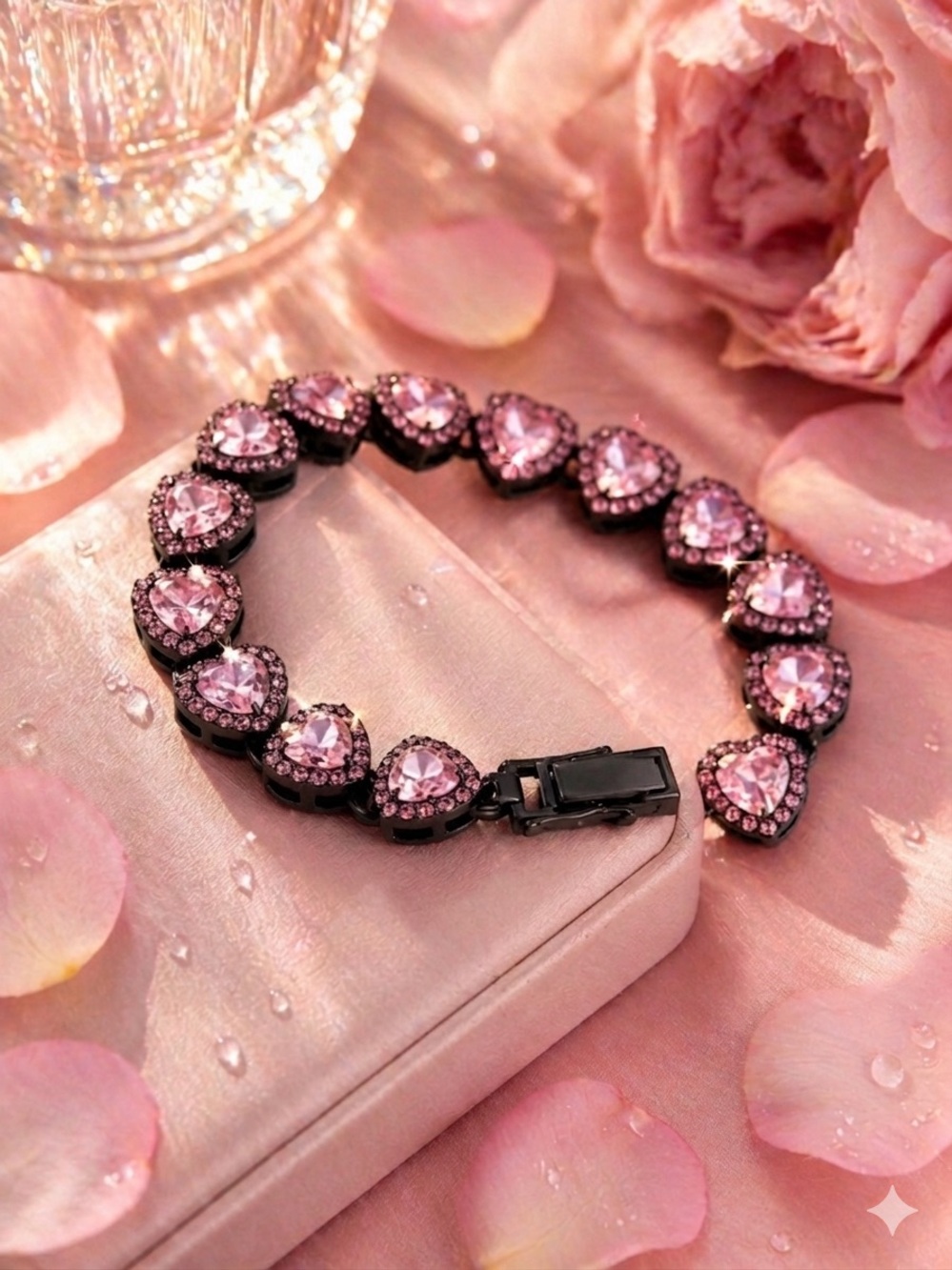 Pink Heart Crystal Tennis Bracelet in Gunmetal Black